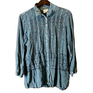 Parsley & Sage Stone Wash Blue Rayon Tunic Top Button Front Boho Coastal Size 2X